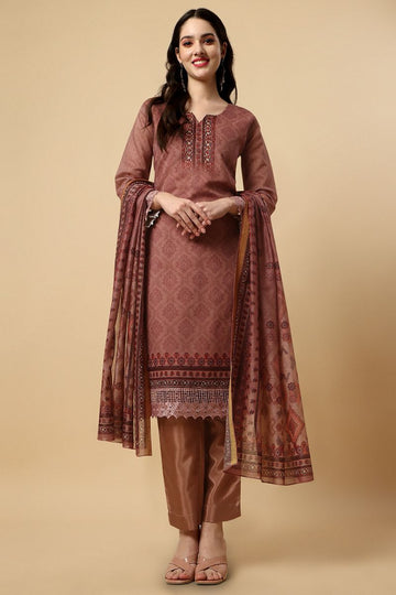 Brown Chanderi Silk Digital Printed Unstitched Salwar Suit